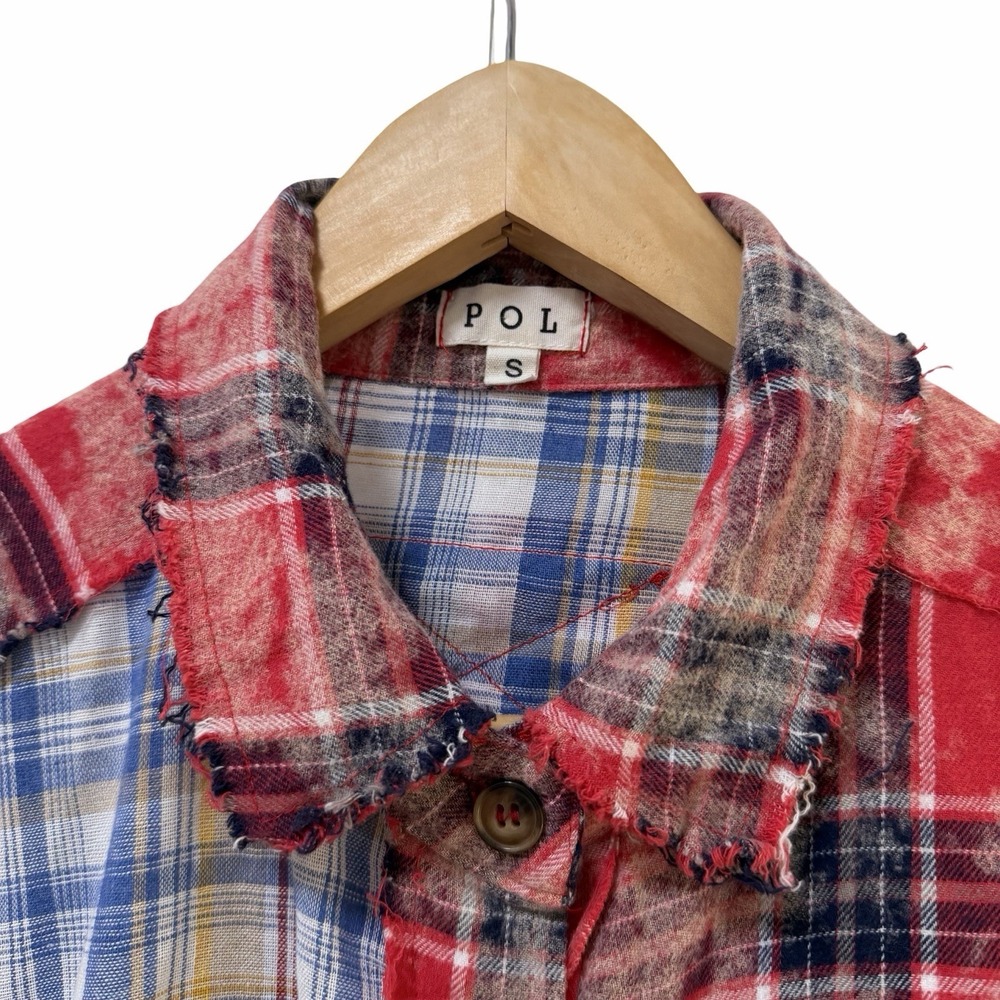 POL Womens Patchwork Flannel Plaid Button Up Shirt S Red Western Boho Raw Hem - Picture 7 of 9